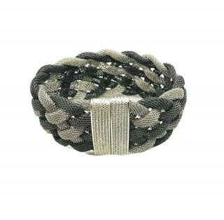 Vintage Braided Mesh Bracelet Silver Tone Wide Magnetic Clasp Weaved Pattern