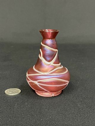 Mini Loetz Kralik Czech Bohemian Opal Threaded Red Iridescent Art Glass Vase