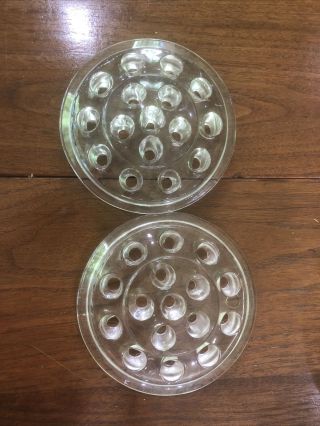 2 Vintage Clear Solid Glass 16 Hole Dome Flower Frog 5 "