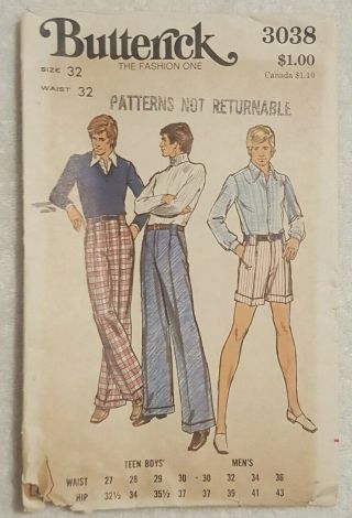 Vintage Butterick Sewing Pattern 3038 Mens Pants Size 32 Waist 32