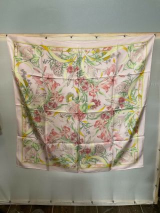 Hand Rolled Vintage Silk Scarf Wrap Floral Art Deco Print Large Square 33 “.  D3