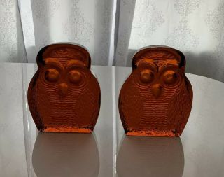 Mid Century Blenko Amber Glass Owl Bookends,  Set Of 2 Blenko Glass Joel Myers