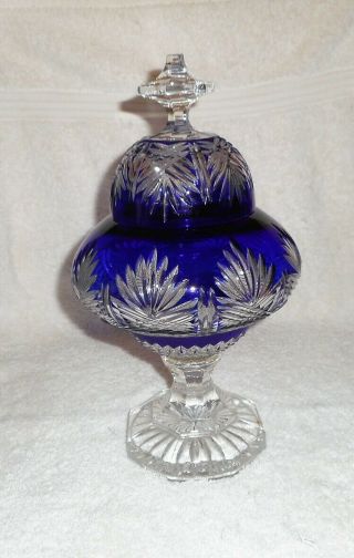 Heavy Blue Cut To Clear Compote Candy Dish Bohemian Lidded