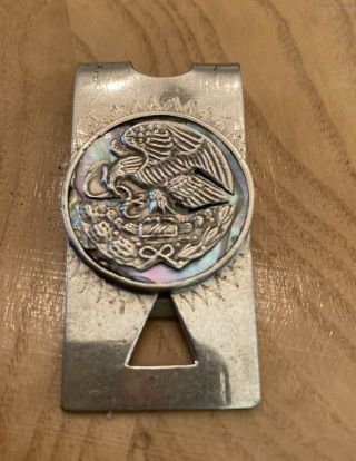Vintage Sterling Silver Eagle Snake Money Clip Taxco Hecho Abalone Shell