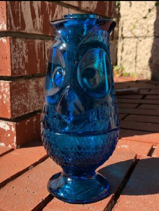 Vintage Viking Art Glass Blue Owl Glimmer Fairy Lamp 2 Pc