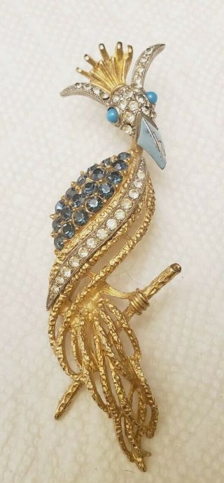 Vintage Estate Jewelry Signed Florenza Rhinestone Crowned Bird Of Paradise Pin