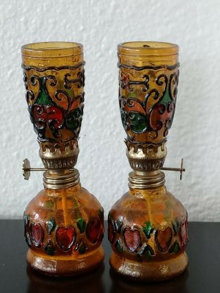 Vintage Miniature Amber Glass Oil Lamps With Multi Color Flashing - Hong Kong