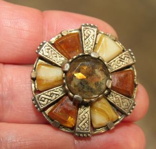 Vintage Signed Miracle Jewellery Scottish Celtic Pebble Agate Citrine Brooch Pin
