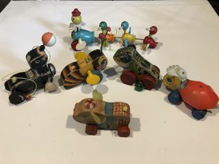 Six Vintage Fisher Price Pull Toys Wooden Wheels Bee Frog Seal Turtle Pig Ducks