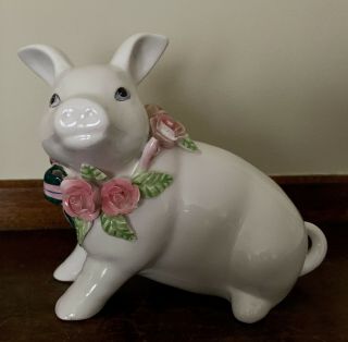 Vintage 1979 Seymour Mann Ribbon Roses Hand Painted Pig Figurine Gift Quality