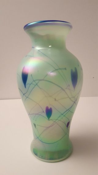 Fenton 7 3/4 " Hanging Heart Vase Willow Green Iridescent Cobalt Blue