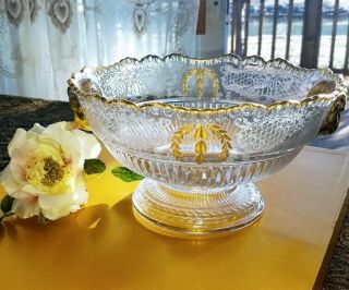 Cambridge Ram’s Head Etched Crystal Bowl Gold Incrusted Inlay 9” Footed