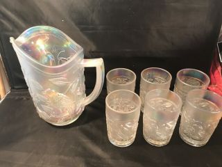 Mid - Century Modern Imperial White Carnival Glass Robin Bird Pitcher 6 Tumblers