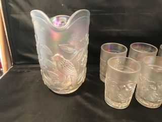 MID - CENTURY MODERN IMPERIAL WHITE CARNIVAL GLASS ROBIN BIRD PITCHER 6 TUMBLERS 2
