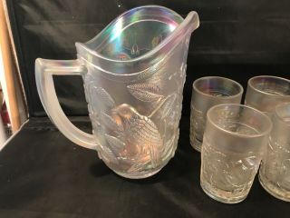 MID - CENTURY MODERN IMPERIAL WHITE CARNIVAL GLASS ROBIN BIRD PITCHER 6 TUMBLERS 3
