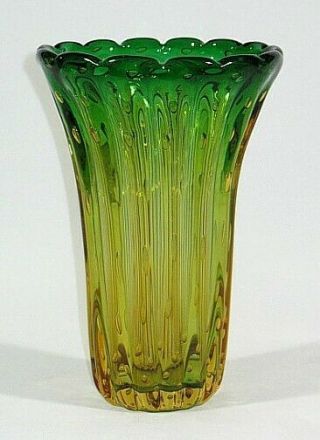 Fratelli Toso Or Barbini Ribbed Amber To Green Fade Vase W Controlled Bubbles