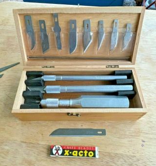 Vintage X - Acto Knife Set Blades Old Iconic Wood Dovetail Box Xacto