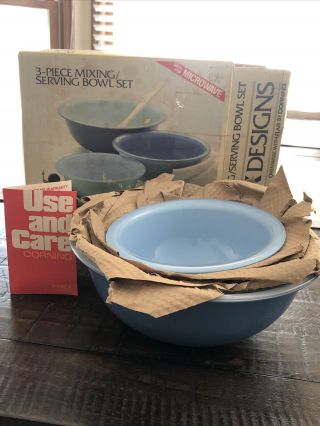 Pyrex Vintage 3 Pc.  Mixing Bowl Set,  Blue Rainbow Old Stock 1986