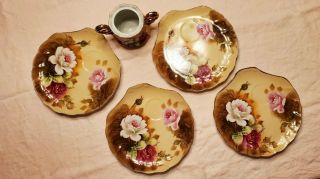 Lefton 4 Hand - Painted Snack Plates And Sugar Bowl W/o Lid,  Brown Heritage Roses