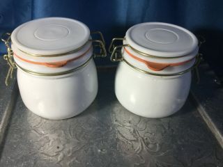 Pair Vintage Milk Glass Canister Storage Jar Bale Wire Rubber Locking Lid