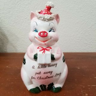 Vintage Kreiss Ceramic Christmas Pig Piggy Bank With Spaghetti Porcelain Hat