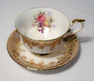 Vintage Paragon Cup & Saucer Beige White Gold Trim Fruit Floral Rose Pattern