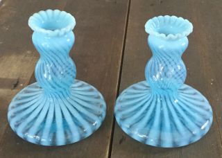 Old Vtg Fenton Blue Opalescent Swirl Glass Candle Stick Holder Crimped Top Pair