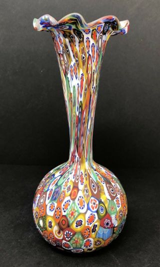 Murano " Fratelli Toso " Colorful Millifiori Satin Glass Ruffled Edge Vase Italy