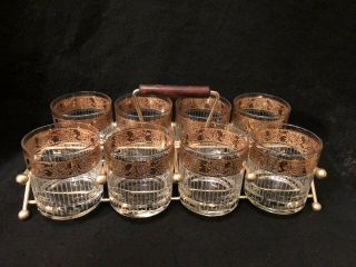 Estate Culver 22k Gold Band Tyrol Low Ball Glasses Mcm Set Of 8 With Holder