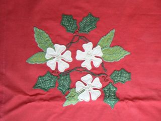 Vintage Hand Embroidered Red Christmas Table Cloth Applique Cotton 42 X 42 " Ooak