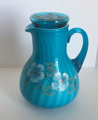 Fenton Turquoise Overlay Guest Set,  Pitcher And Tumbler Hand Painted By S Bryan