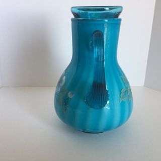 Fenton Turquoise Overlay Guest Set,  Pitcher And Tumbler Hand Painted by S Bryan 2