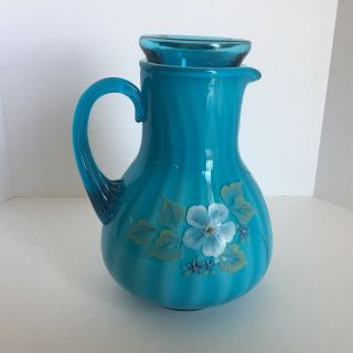 Fenton Turquoise Overlay Guest Set,  Pitcher And Tumbler Hand Painted by S Bryan 3