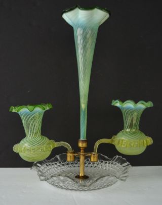 Victorian Green Vaseline Opalescent Swirl 3 Horn Epergne