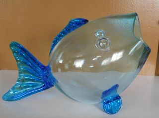 Blenko Style Hand Blown Glass Fish Open Mouth Dark & Light Blue