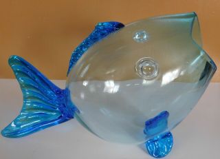 Blenko Style Hand Blown Glass Fish Open Mouth Dark & Light Blue 2