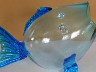 Blenko Style Hand Blown Glass Fish Open Mouth Dark & Light Blue 3