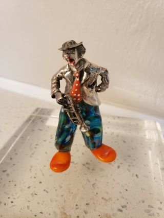 Vittorio Angini Silver And Murano Glass Clown With Trumpet