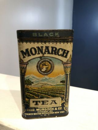Vintage Empty Black Monarch Tea Tin W/ Lion 5.  5” Tall Reid Murdoch & Co
