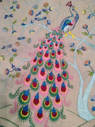 Vintage Hand Embroidered Picture Panel Stunning Peacock & Flowers