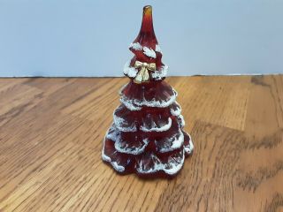 Vintage Signed Fenton 4 " Ruby Red Christmas Tree With Snow And Gold Bow