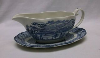 Staffordshire Liberty Blue Gravy Boat With Tray Historic Colonial Scenes