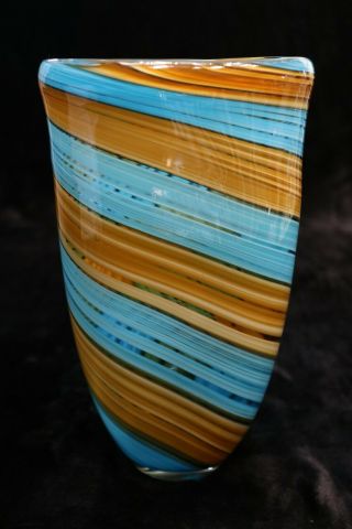 Murano Italian Art Glass - Blue,  Tan Striped Vase Centerpiece For Flowers