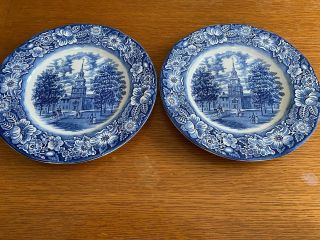 2 Staffordshire Liberty Blue China Dinner Plate Independence Hall England - 2