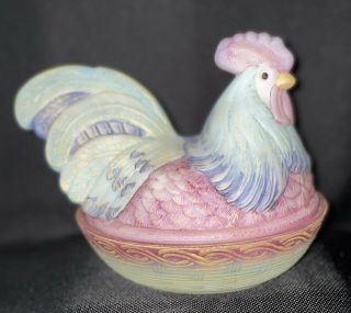 Fenton Art Glass Rooster Hen on Nest Dish Hand Painted by Angela Van Ziles 4680 3