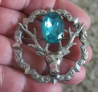 Large Vintage Signed Mizpah Jewellery Scottish Celtic 3d Stag Hunting Brooch Pin