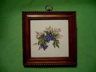 Vintage Wood Framed Hand - Painted Tile W/ Colorful Blueberries & Blossoms.  Signed