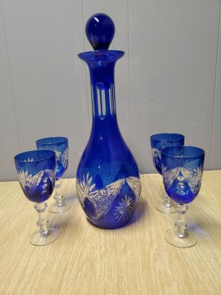 Blue Crystal Cut To Clear Wine Decanter And 4 Glasses Set