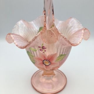 Gorgeous Fenton Signed Hand Painted Iridescent Opalescent Ribbed Floral Basket