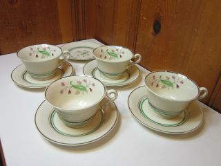 4 Syracuse China Old Ivory Coralbel Coffee Cup & Saucer Set Pink Floral Platinum